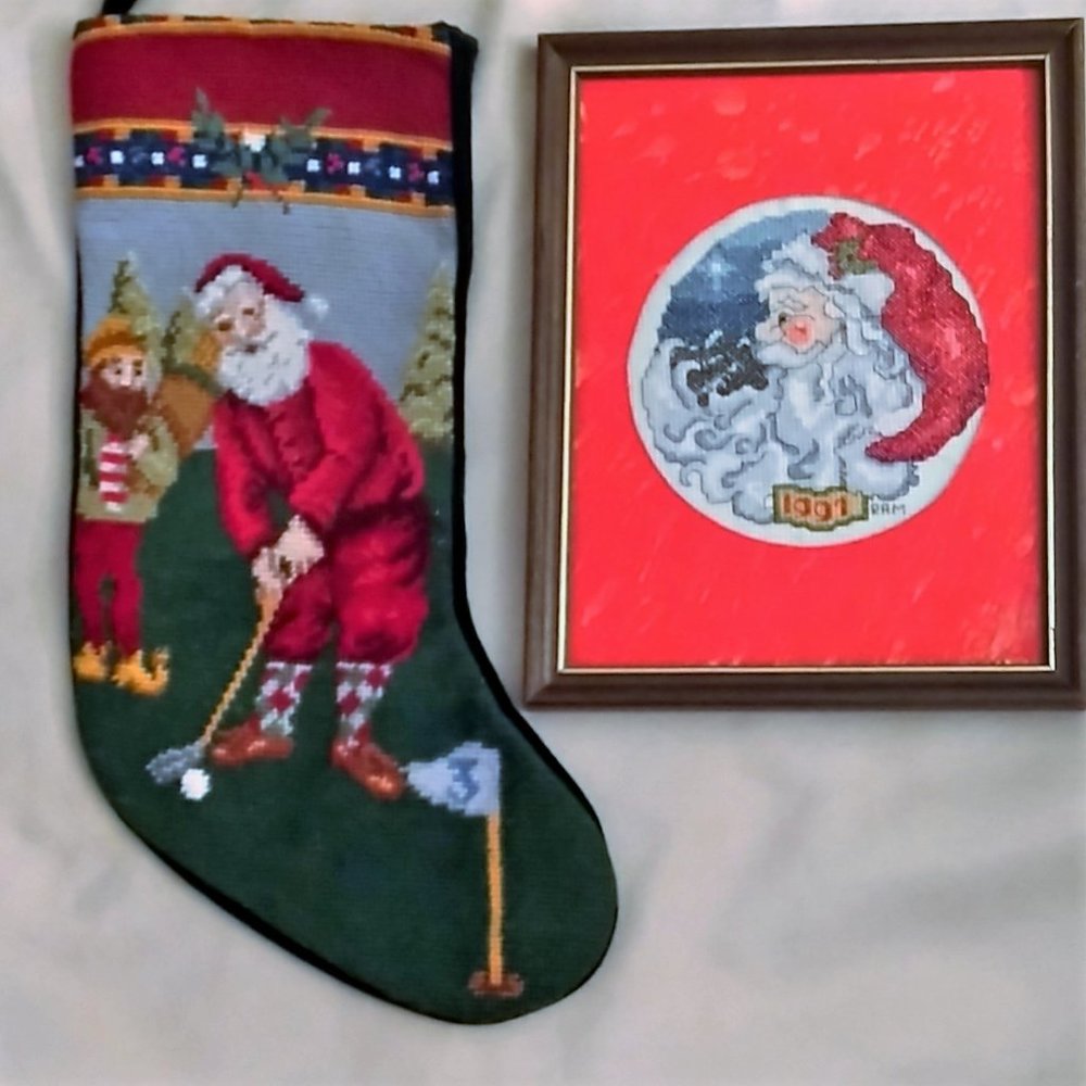 2 VTG Santa 1991 Cross Stitch Framed & Santa Stockings Needlepoint Completed